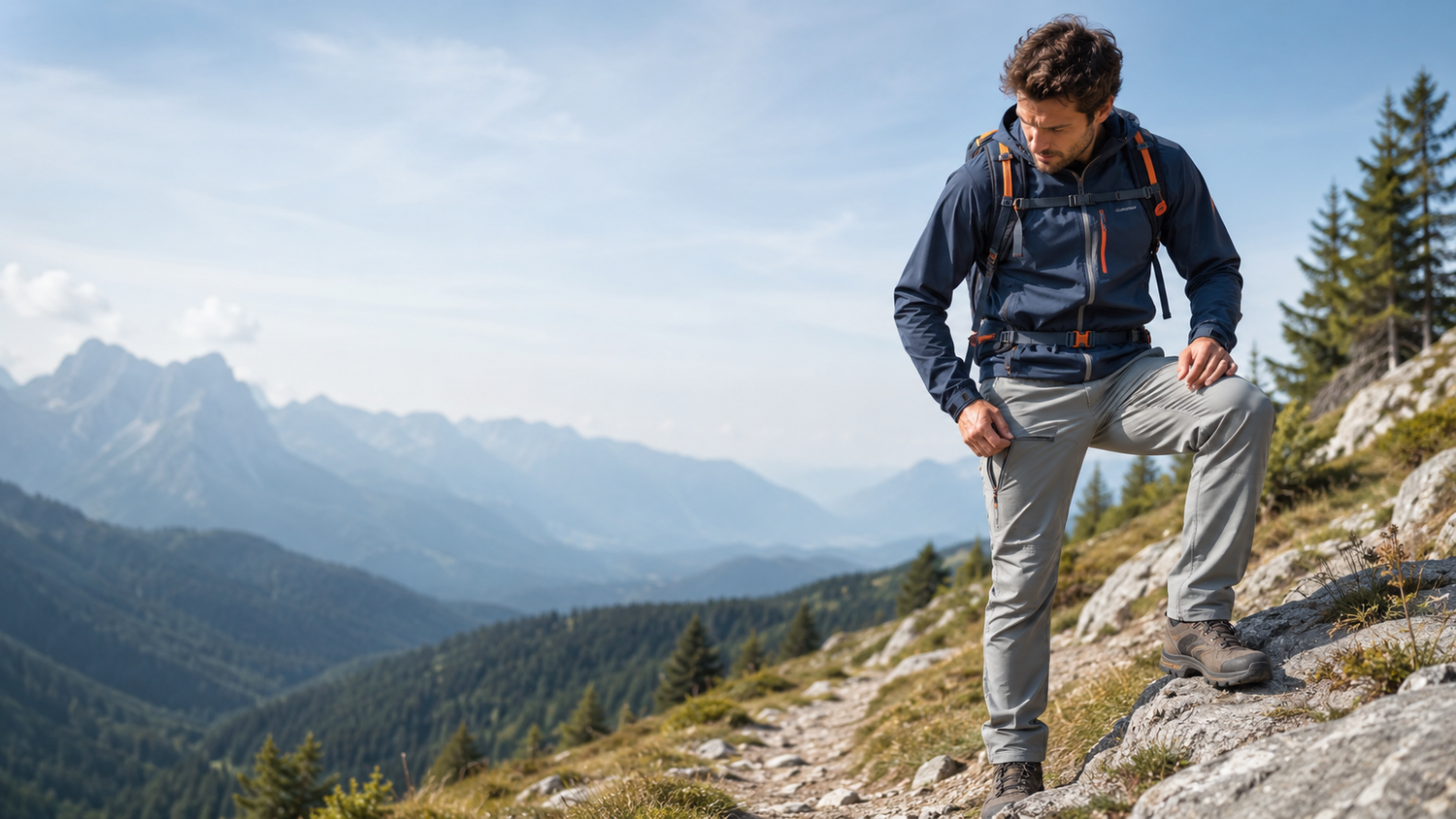 Randonneur portant un pantalon de randonnée technique sur un sentier de montagne