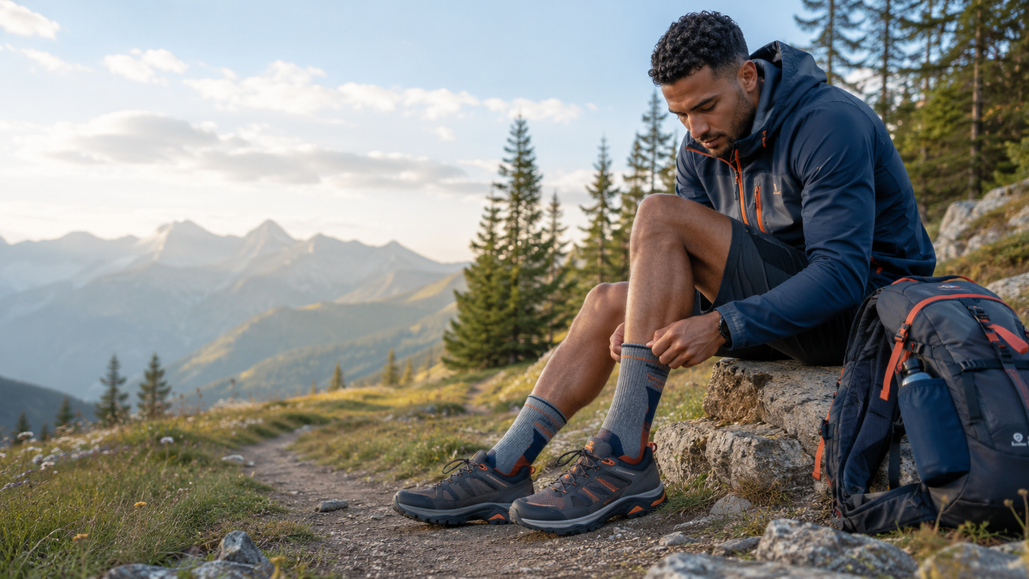 Randonneur assis sur un sentier de montagne ajustant ses chaussettes techniques avant une randonnée avec ses chaussures et son sac à dos.