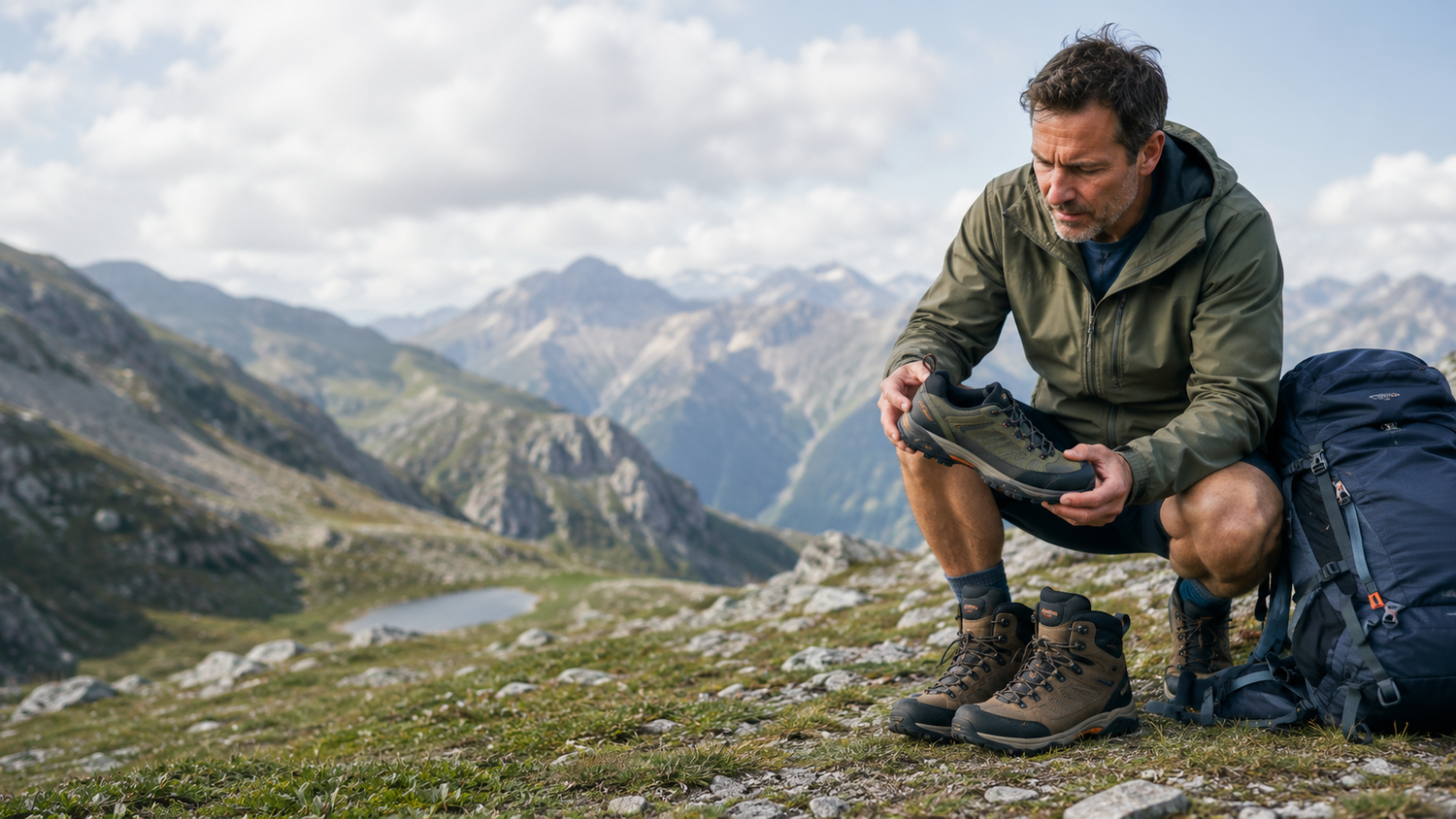 Randonneur en montagne comparant une chaussure de randonnée basse avec une chaussure montante près de son sac à dos.