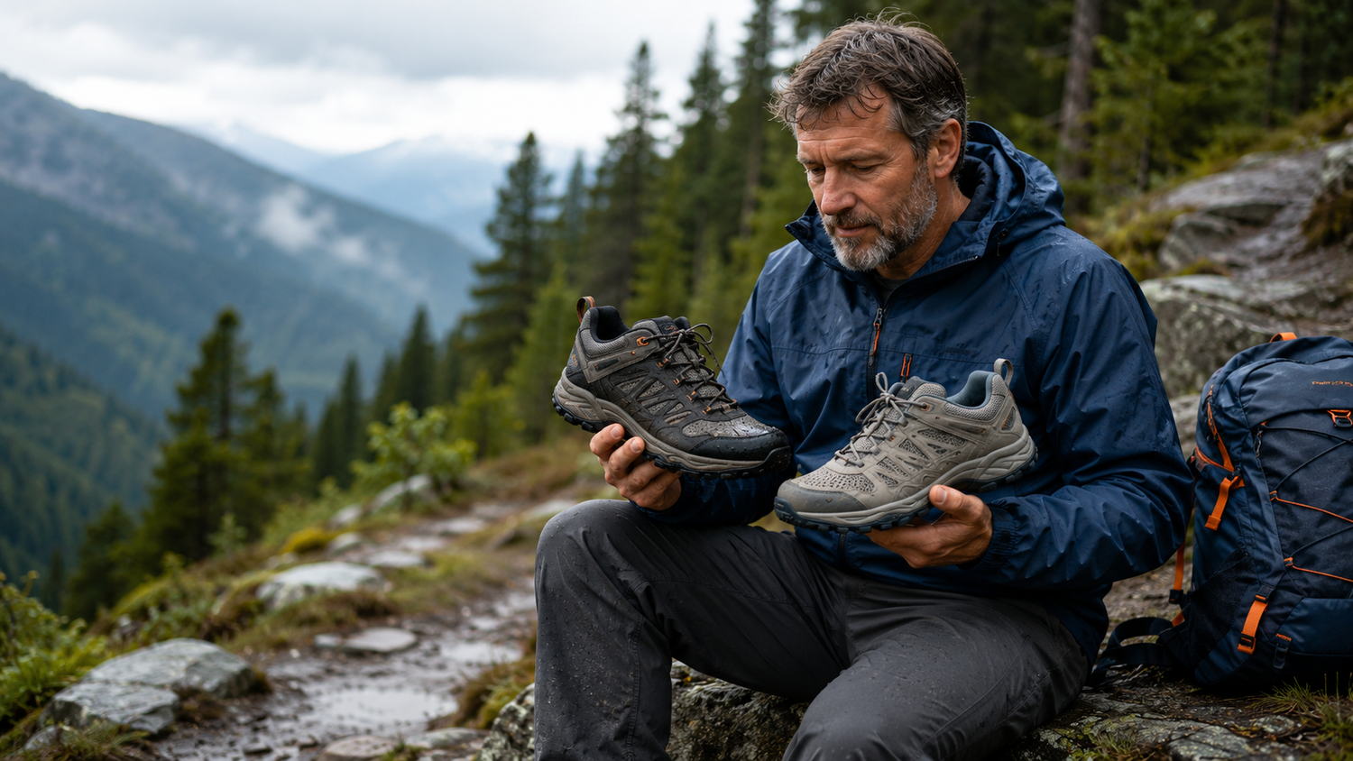 Randonneur en montagne comparant deux chaussures de randonnée, une imperméable et une respirante, près de son sac à dos par temps humide.