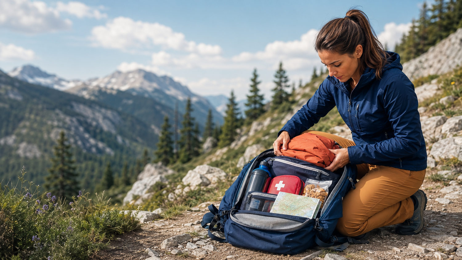 Randonneuse en montagne organisant son sac de randonnée avec gourde, carte, trousse de secours et vêtements rangés avant le départ.