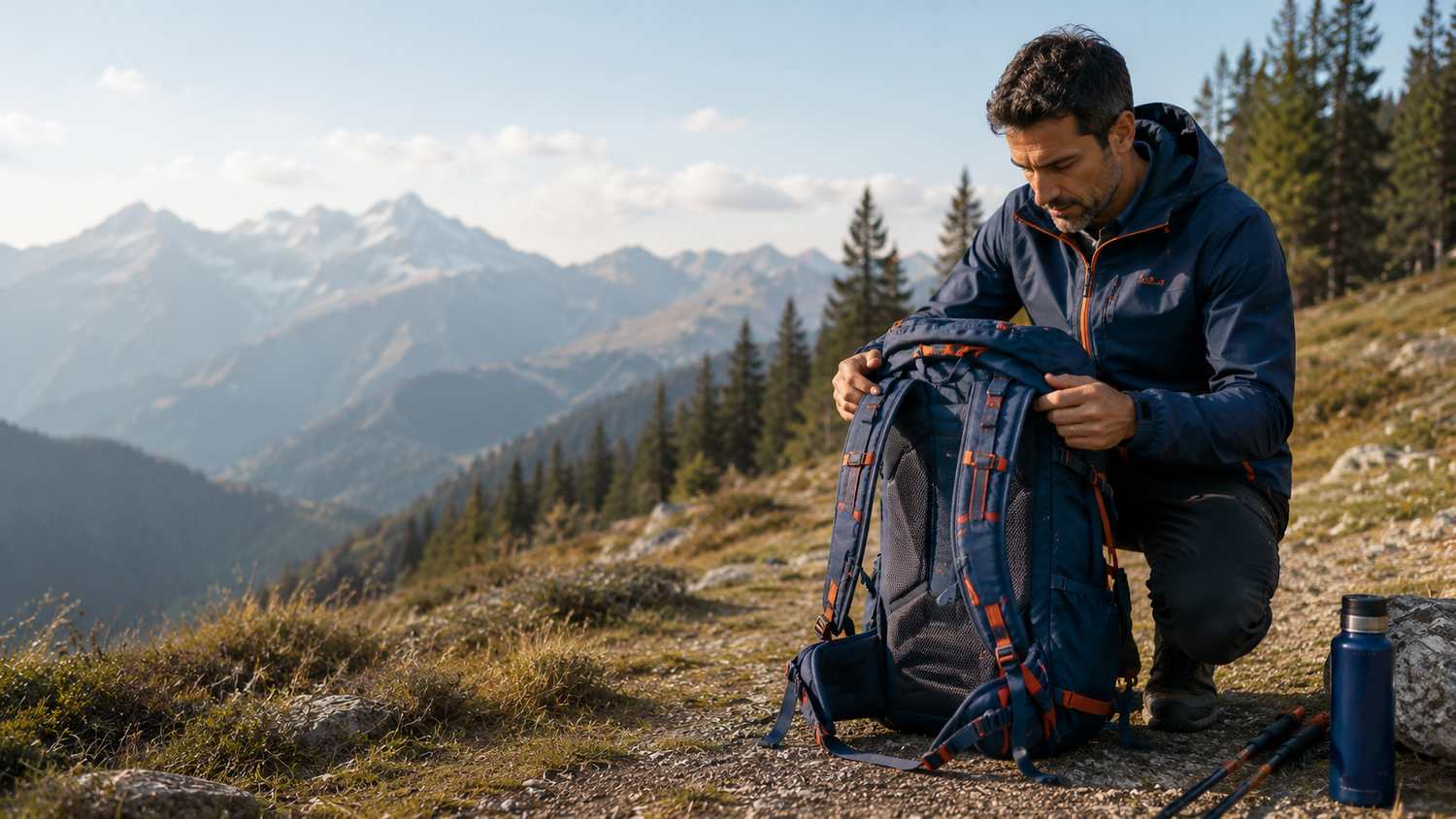 Randonneur en montagne examinant son sac à dos de randonnée avant de partir sur un sentier, avec gourde et bâtons de marche à côté.