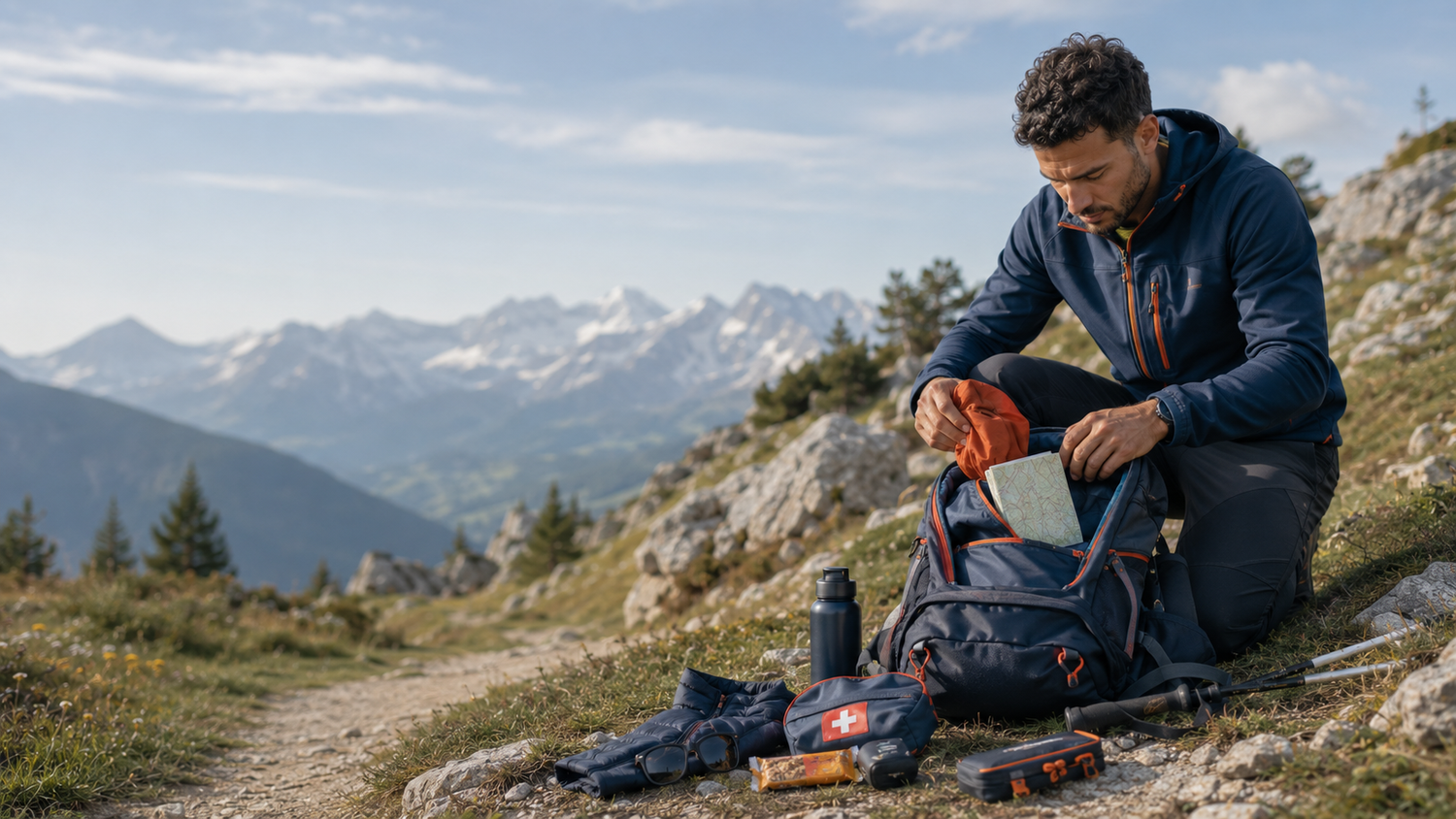 Randonneur préparant son sac de randonnée en montagne avec carte, gourde, trousse de secours, vêtements et accessoires essentiels avant le départ.