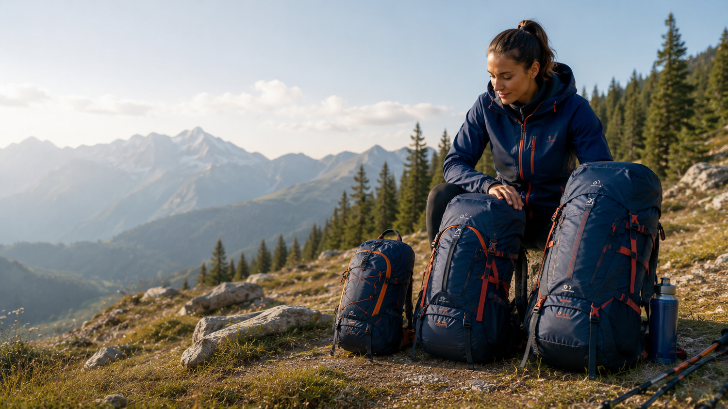 Randonneuse en montagne comparant plusieurs sacs à dos de randonnée de volumes différents avant de choisir son équipement pour partir en trek.