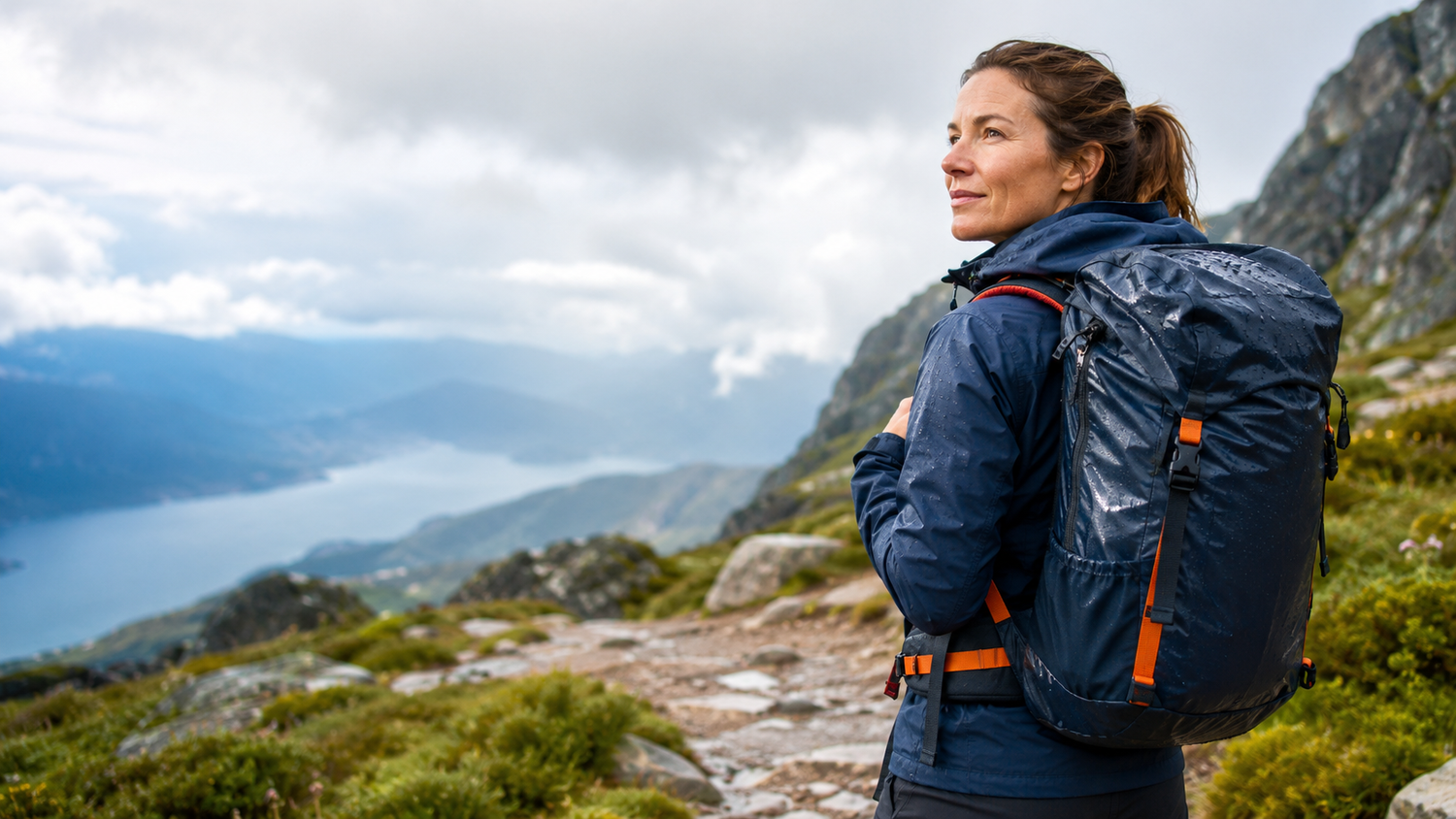 Randonneuse avec sac de randonnée imperméable sur un sentier de montagne humide