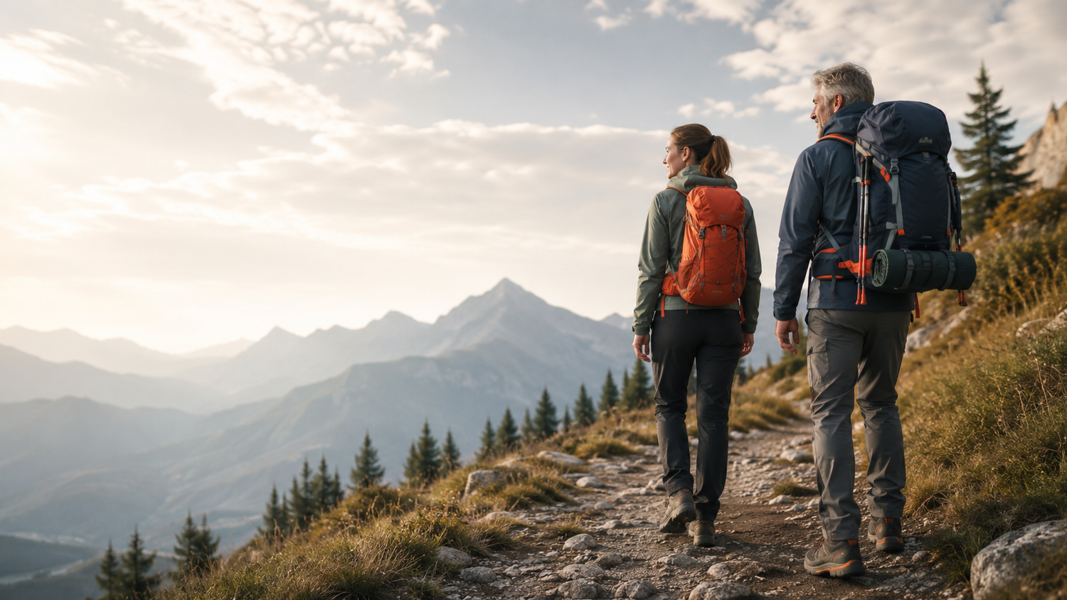 Deux randonneurs avec un sac de randonnee compact et un grand sac de trekking sur un sentier de montagne