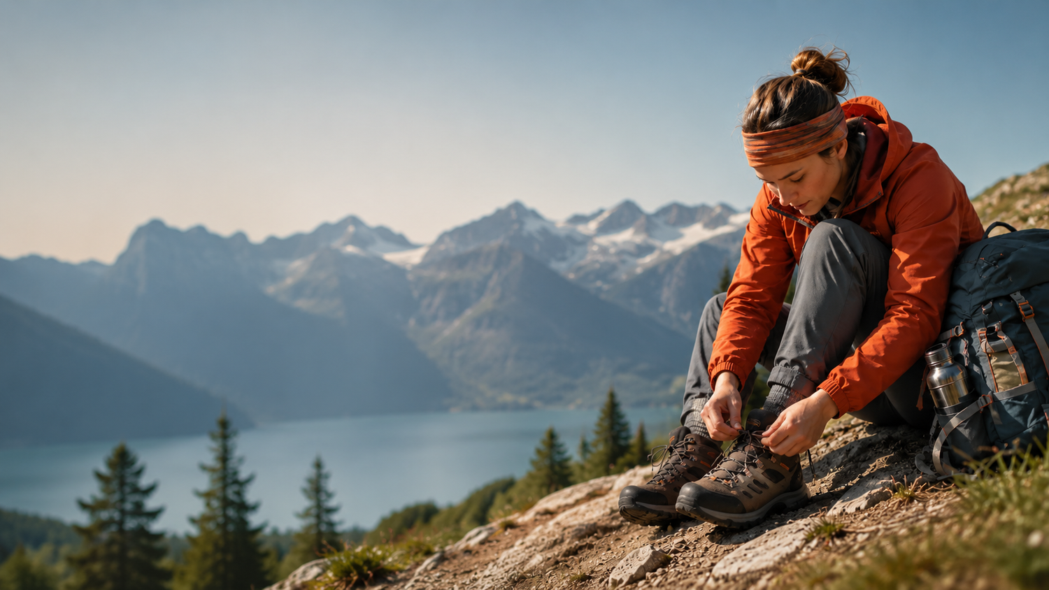 Randonneuse ajustant ses chaussures de randonnée en montagne pour trouver la bonne pointure et marcher confortablement, Passion Randonnée.