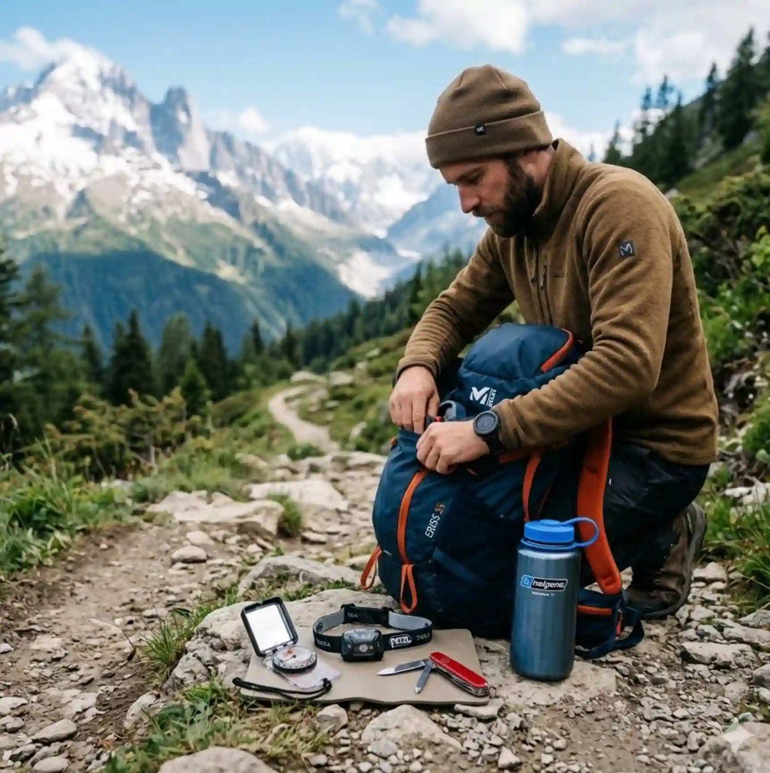 Sac de randonnée et accessoires de trekking utilisés par un randonneur en montagne lors d’une pause sur un sentier alpin Passion Randonnee