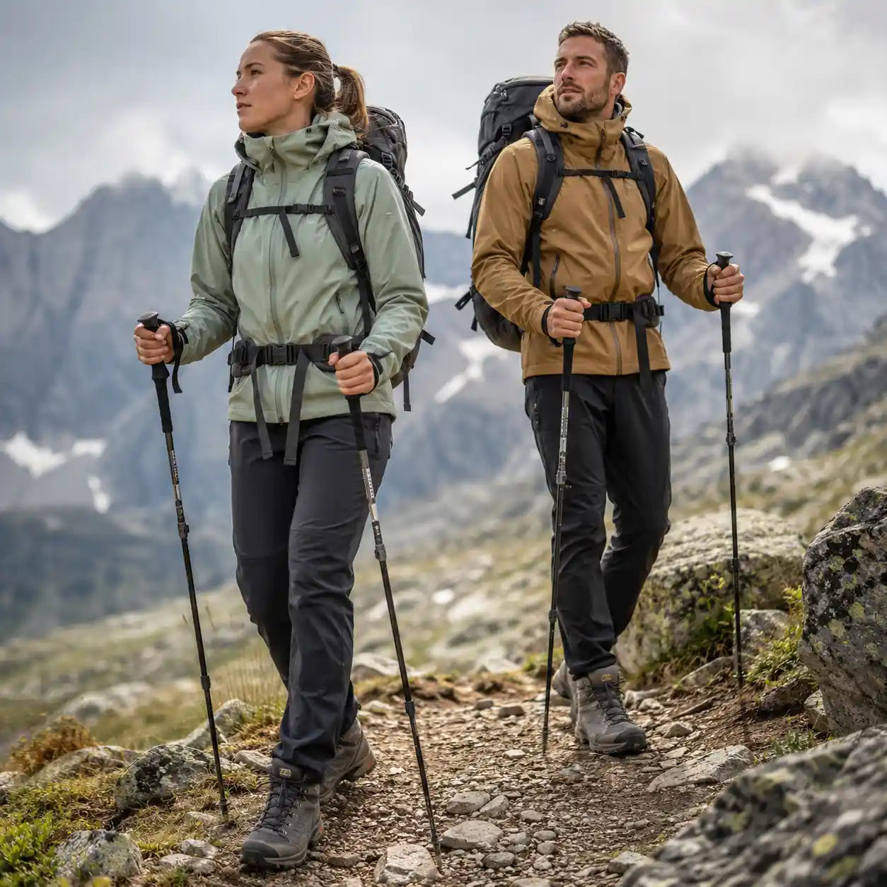Randonneur et randonneuse équipés d’un sac à dos, de chaussures de randonnée, de bâtons de marche et d’une veste outdoor sur un sentier de montagne.