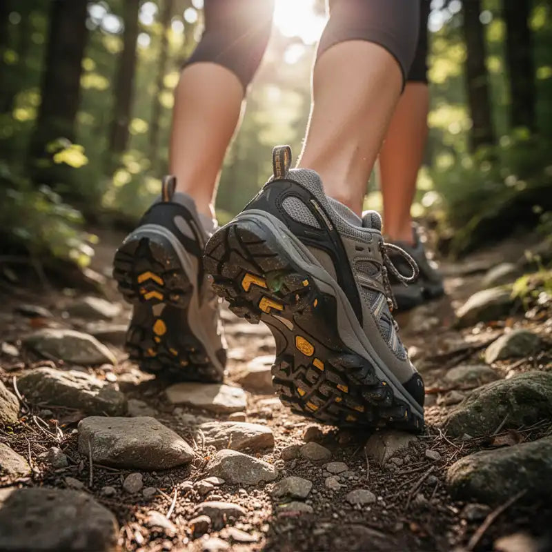 Chaussures de randonnee en marche sur un sentier forestier avec semelles accrocheuses equipement de trekking nature Passion Randonnee