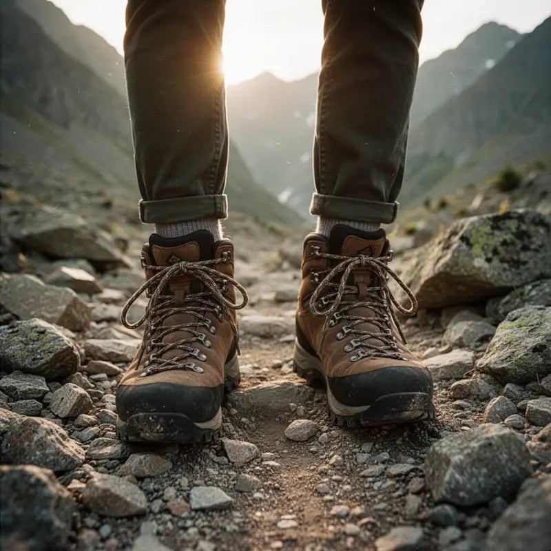 Chaussures de randonnee sur un sentier de montagne rocheux au lever du soleil equipement de marche Passion Randonnee