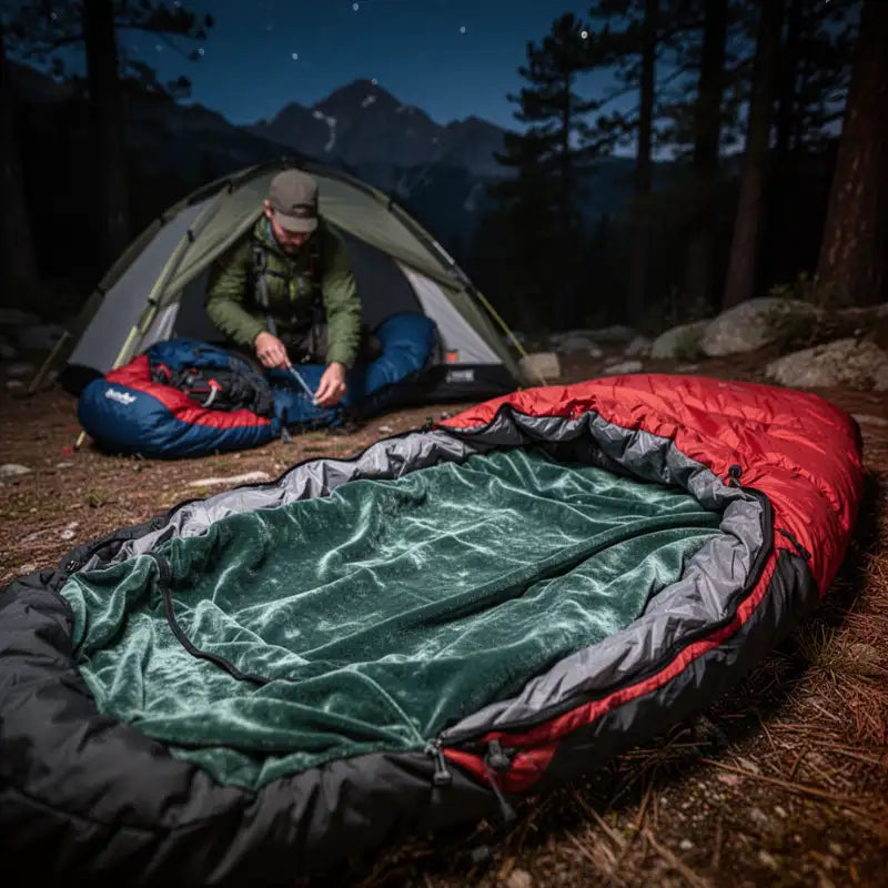 Drap de couchage installe devant une tente pour bivouac en montagne Passion Randonnee
