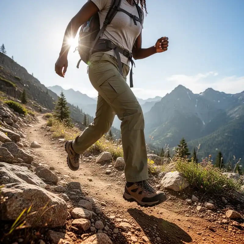 Randonneuse en pantalon de randonnee marchant sur un sentier de montagne Passion Randonnee