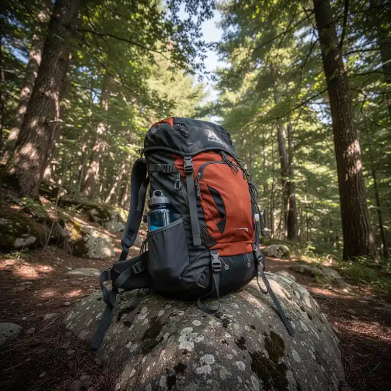 Sac à dos de randonnée posé sur un rocher en forêt, équipement de trekking pour aventure nature Passion Randonnée
