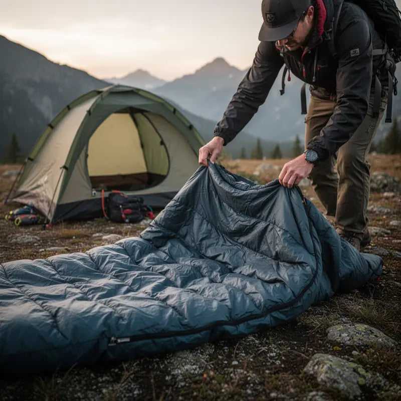 Randonneur preparant un sac de couchage devant une tente en montagne bivouac nature Passion Randonnee