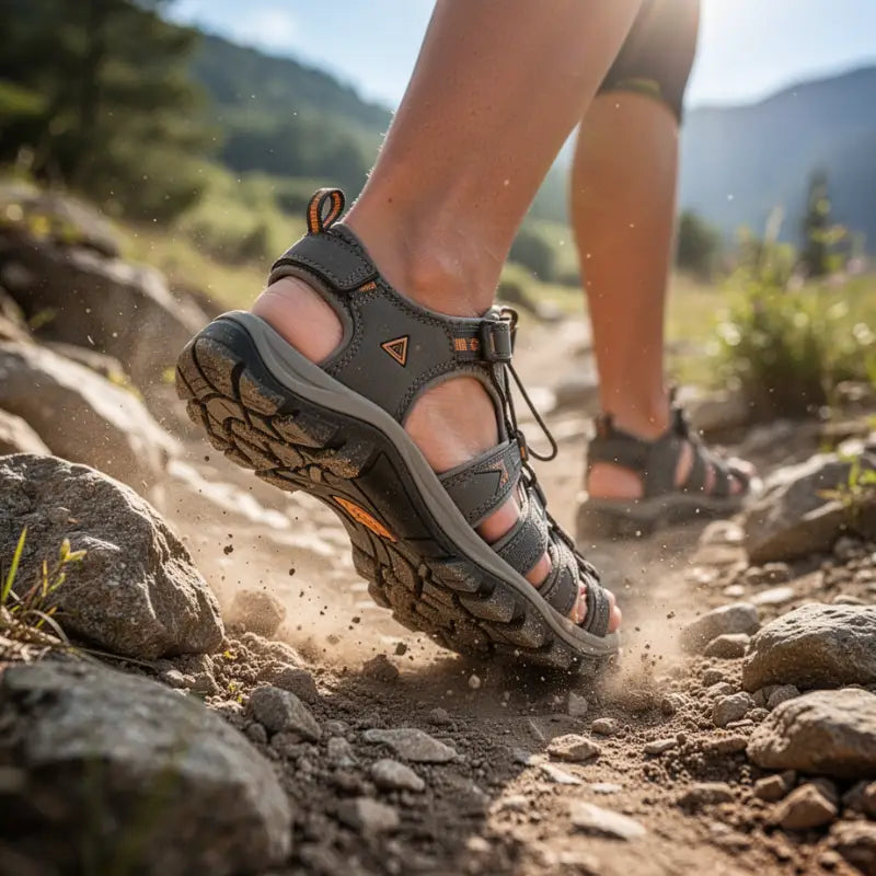 Sandales de randonnée sur sentier rocheux en montagne marche en pleine nature Passion Randonnee
