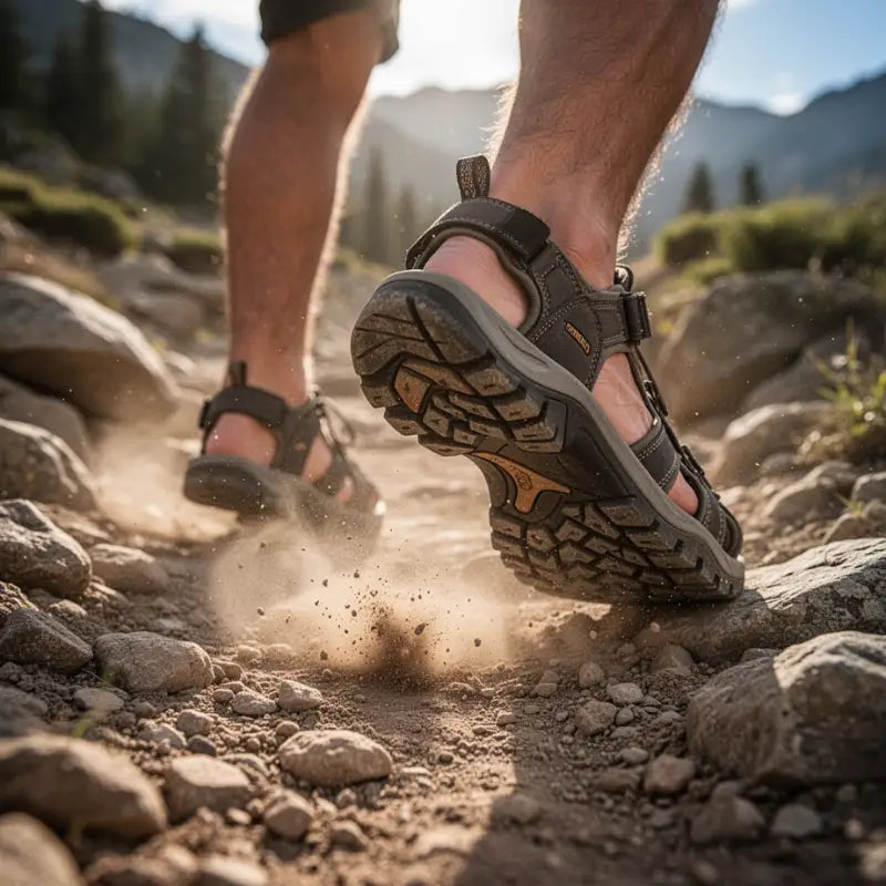 Sandales de randonnee en marche sur un sentier de montagne poussiereux equipement de trekking nature Passion Randonnee
