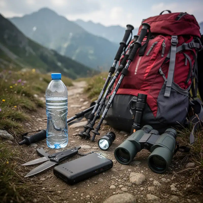 Accessoires de randonnée posés sur un sentier de montagne avec sac à dos et équipement de trekking Passion Randonnee