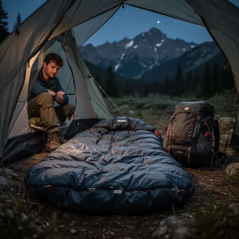 Sac de couchage de randonnée installé dans une tente lors d’un bivouac en montagne Passion Randonnee