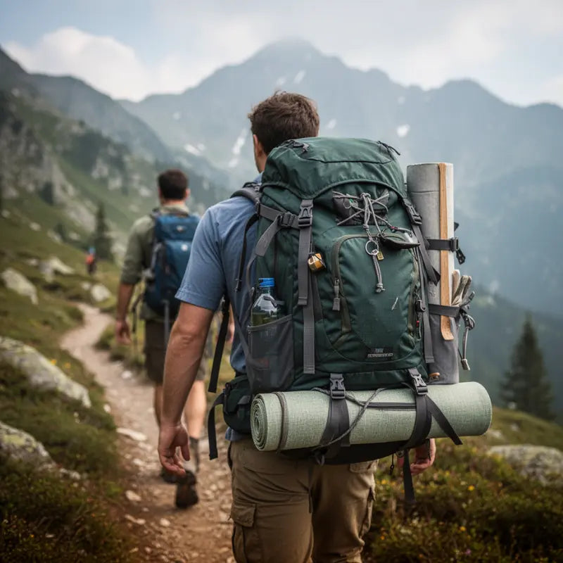 Sac à dos de randonnée porté sur un sentier de montagne avec équipement de trekking Passion Randonnee