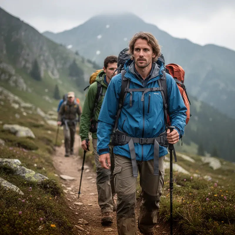 Vêtements de randonnée portés lors d’un trek en montagne avec sac à dos et bâtons Passion Randonnee