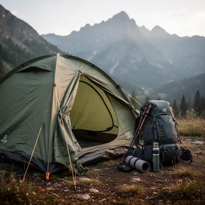 Tente de randonnée installée en montagne avec sac à dos et équipement de bivouac Passion Randonnee