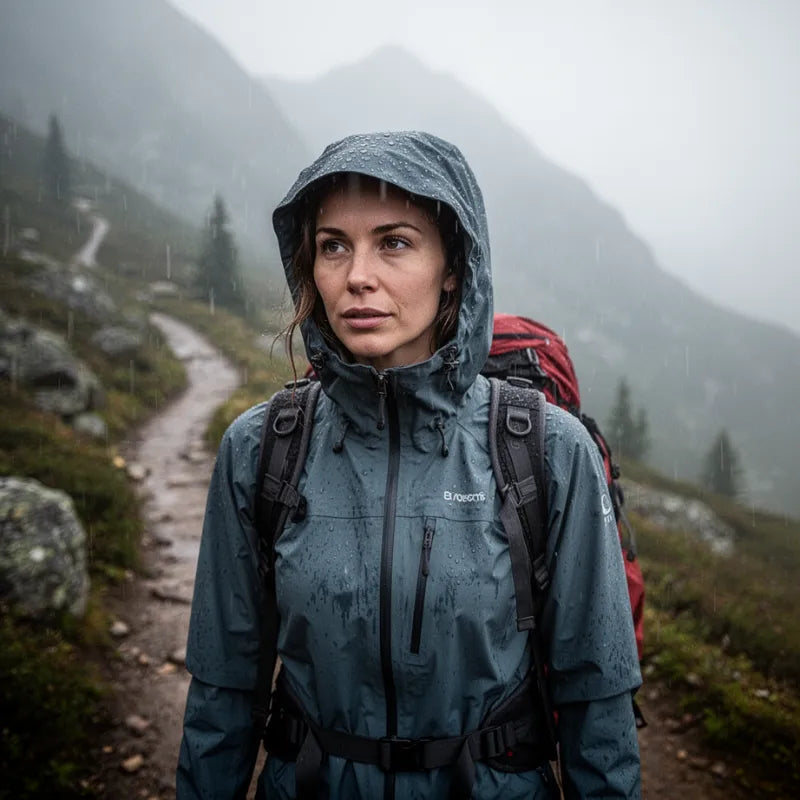 Femme en randonnée avec veste imperméable et sac à dos sur un sentier de montagne sous la pluie Passion Randonnee