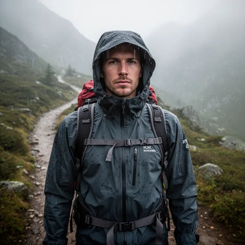 Randonneur avec veste impermeable et sac a dos sur sentier de montagne sous la pluie Passion Randonnee
