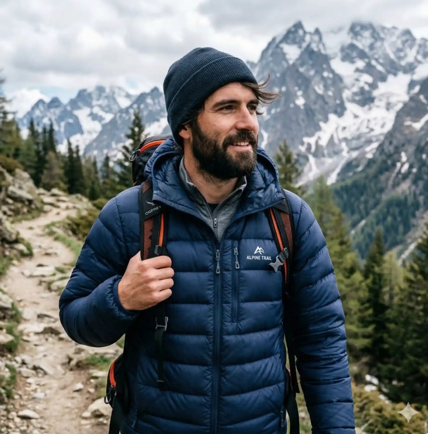 Doudoune de randonnée portée par un randonneur en montagne avec sac à dos sur sentier alpin Passion Randonnee