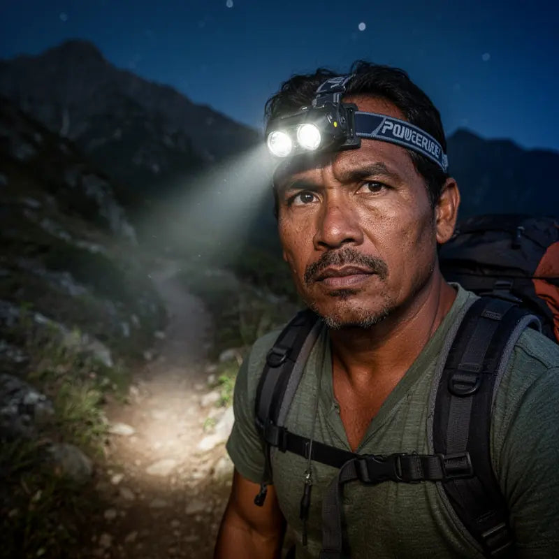 Randonneur avec lampe frontale éclairant un sentier de montagne la nuit Passion Randonnee
