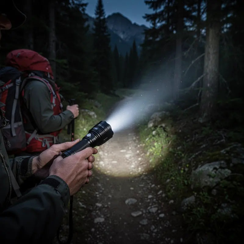 Lampe torche puissante utilisée sur un sentier de randonnée de nuit en montagne Passion Randonnee