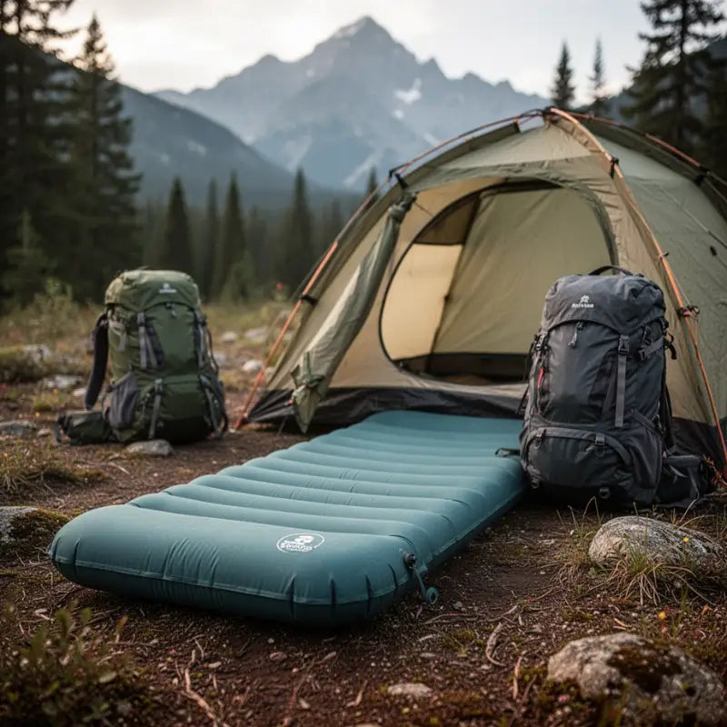 Matelas de camping gonflable devant une tente pour bivouac en montagne Passion Randonnee