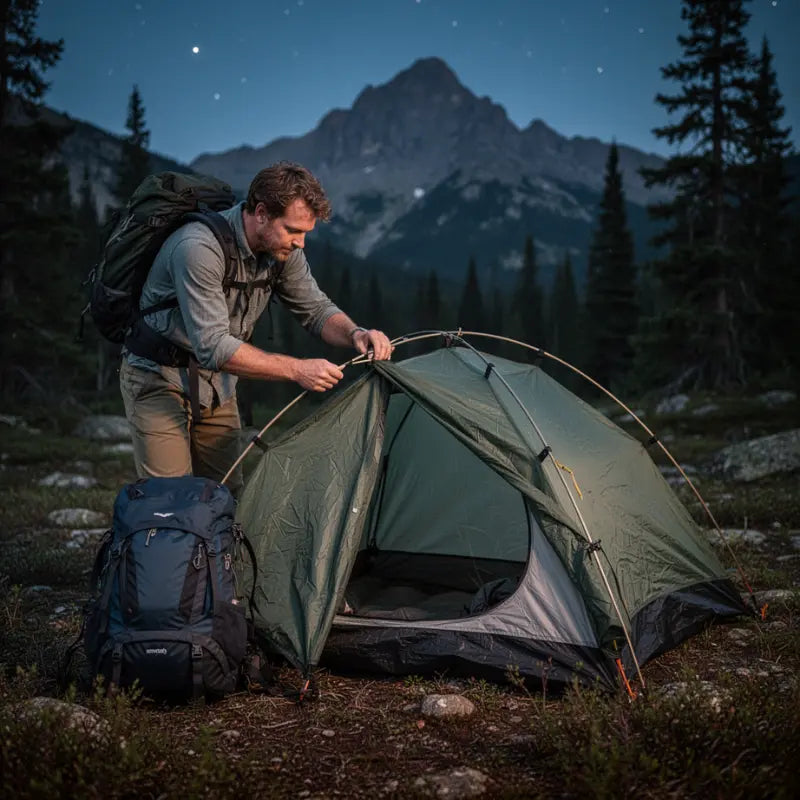 Tente de bivouac pour randonnée installée en montagne avec randonneur Passion Randonnee