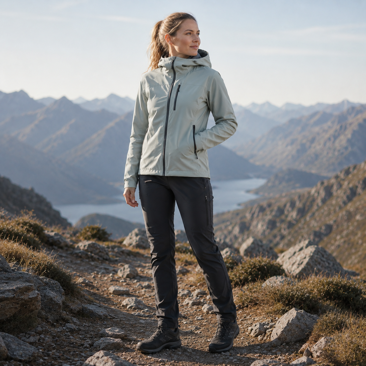 Femme randonneuse portant une veste outdoor sur un sentier de montagne, avec un paysage naturel en arrière-plan, idéal pour illustrer la randonnée, le trekking et l’univers Passion Randonnée.