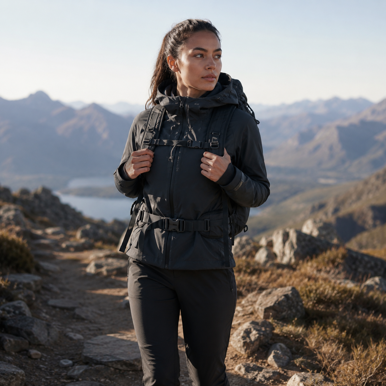 Femme randonneuse portant une veste outdoor et un sac à dos sur un sentier de montagne, idéal pour illustrer la randonnée, le trekking et l’équipement Passion Randonnée.