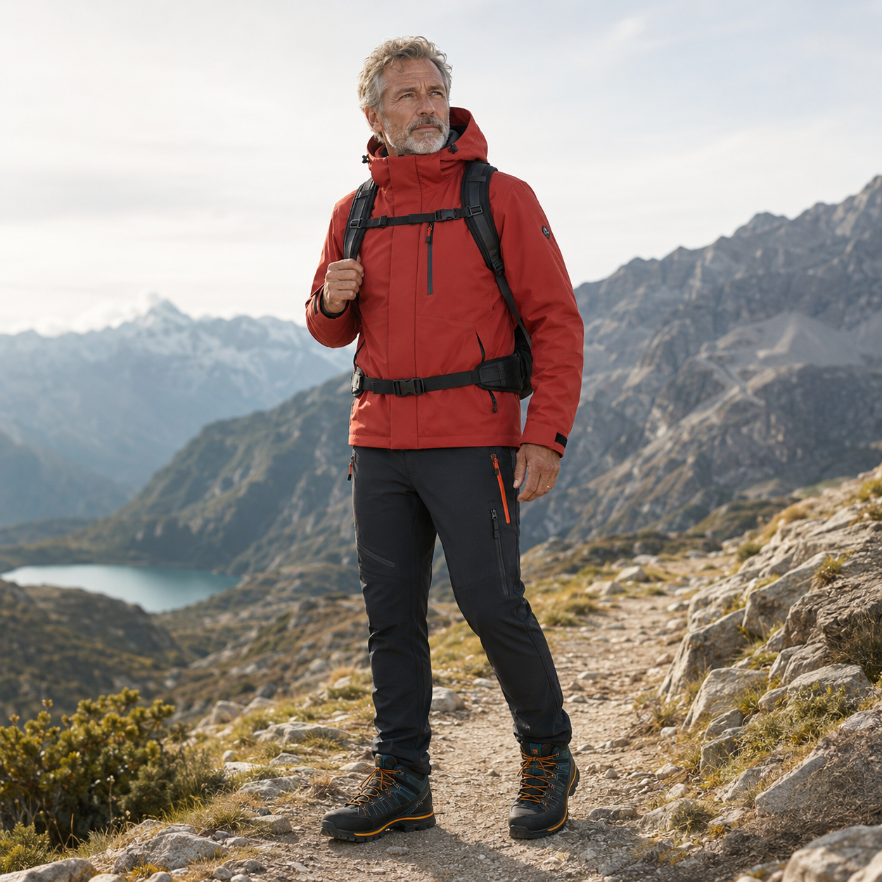 Homme randonneur portant une veste rouge, un pantalon outdoor, des chaussures de trekking et un sac à dos sur un sentier de montagne, idéal pour illustrer une tenue complète de randonnée avec Passion Randonnée.