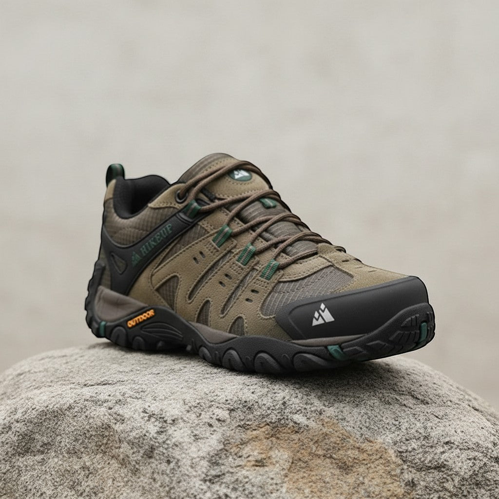 Vue de trois quarts d'une paire de chaussures de randonnée basses de couleur verte olive et marron, dotées de panneaux en daim, d'une semelle extérieure robuste à crampons et de lacets marron, reposant sur un gros rocher texturé.