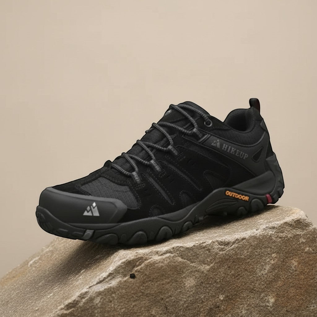 Une paire de chaussures de randonnée montantes en bleu et noir, idéales pour les sentiers accidentés et les conditions boueuses.