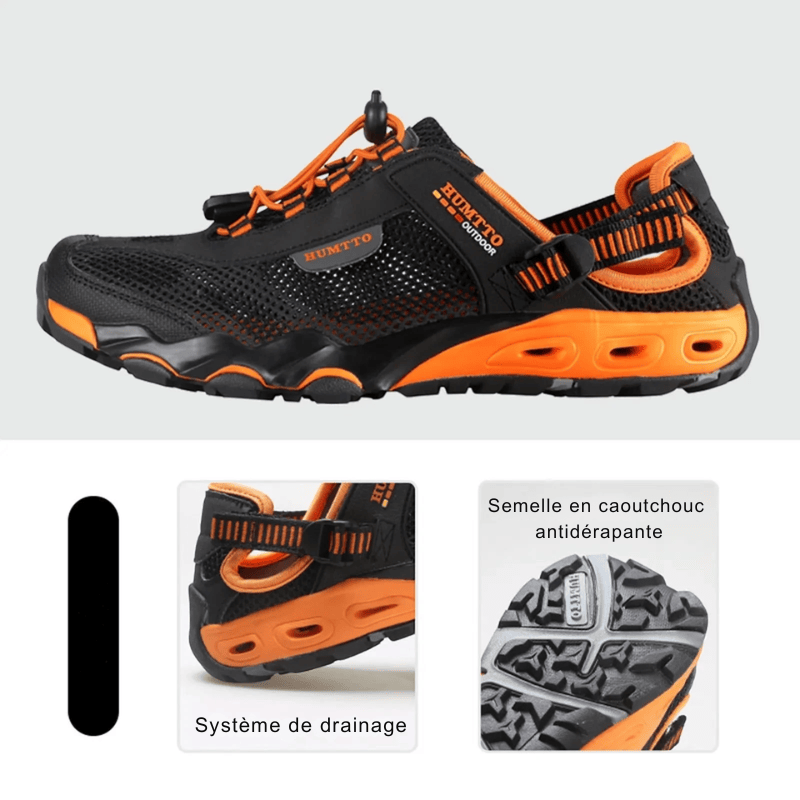 Semelle antiderapante des chaussures aquatiques homme Passion Randonnee, detail drainage.