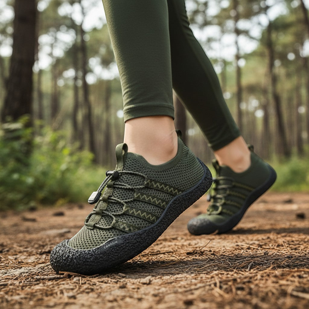 Chaussures de randonnée aquatique portées en forêt avec bonne stabilité et maintien du pied.
