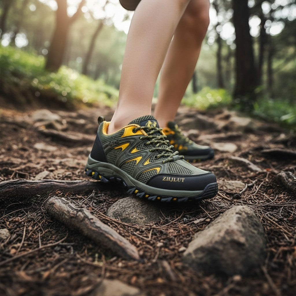 Chaussures de randonnée femme portées en forêt avec bon confort et maintien sur terrain naturel.