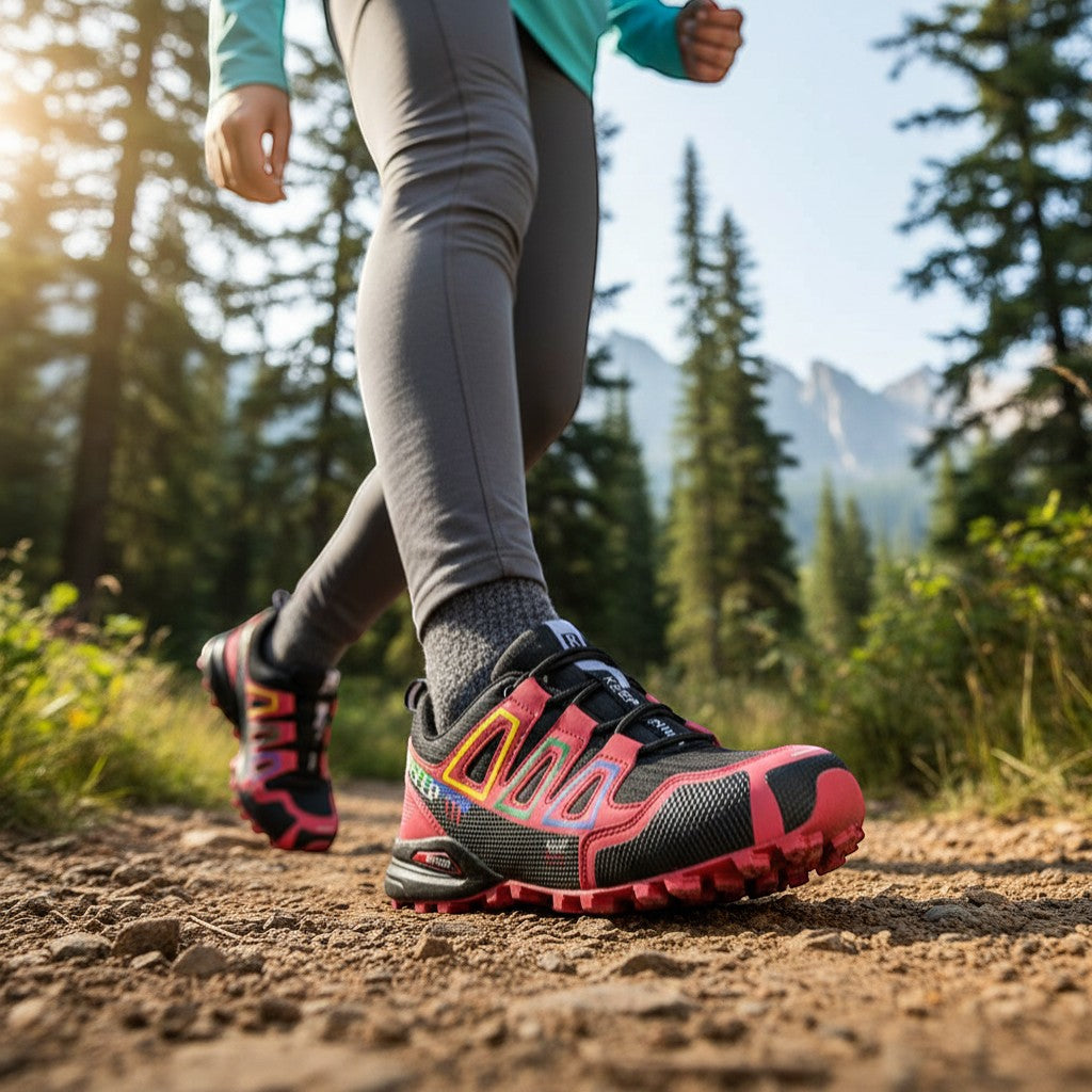Chaussures de randonnée femme portées en marche sur sentier avec bon amorti et adhérence.