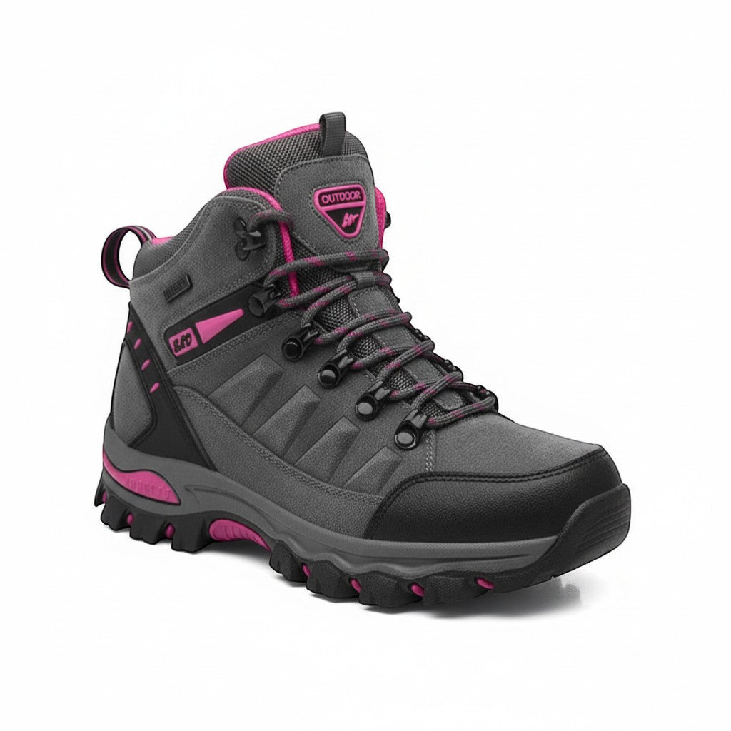 Chaussures de randonnée hiver femme gris et rose avec maintien de la cheville et confort en extérieur.
