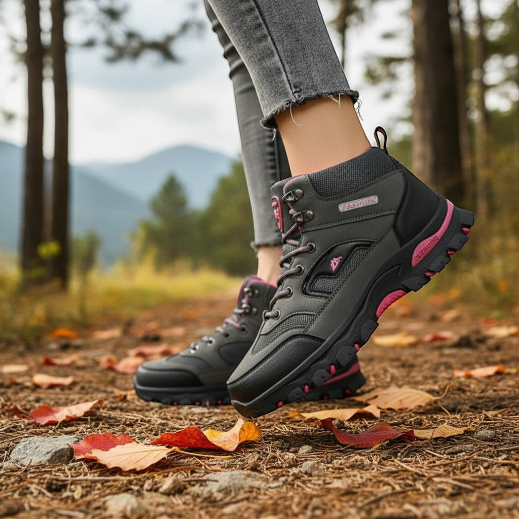 Chaussures de randonnée hiver femme portées en extérieur avec stabilité et confort sur terrain naturel.