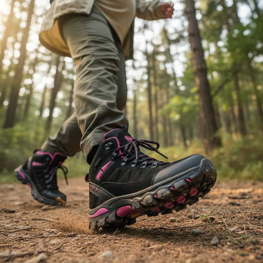 Chaussures de randonnée hiver femme portées en forêt offrant stabilité et accroche sur terrain naturel.