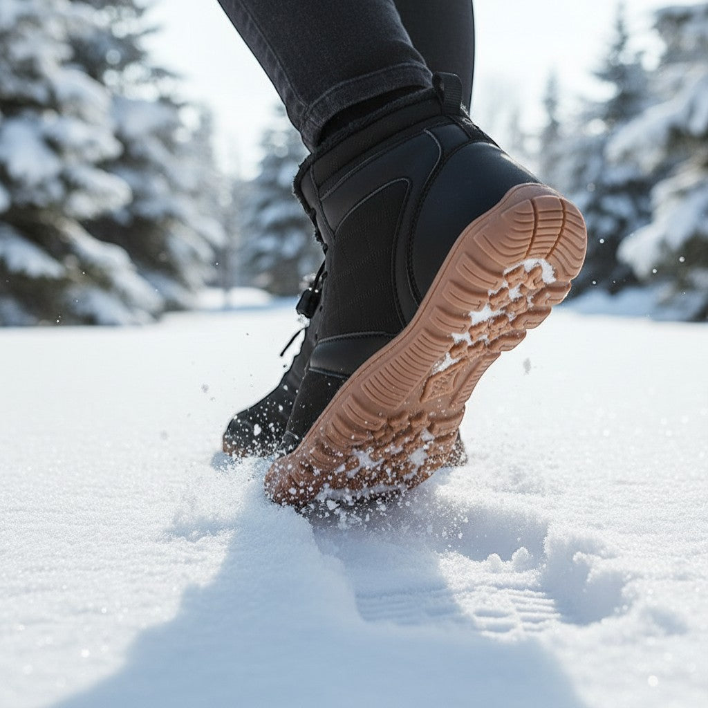 Chaussures de randonnée hiver femme en marche dans la neige avec semelle antidérapante.