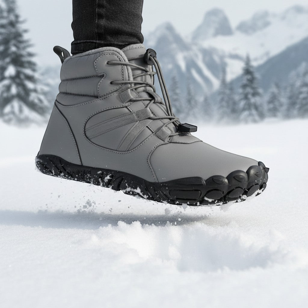 Chaussures de randonnée hiver femme en action dans la neige avec stabilité et adhérence optimale.