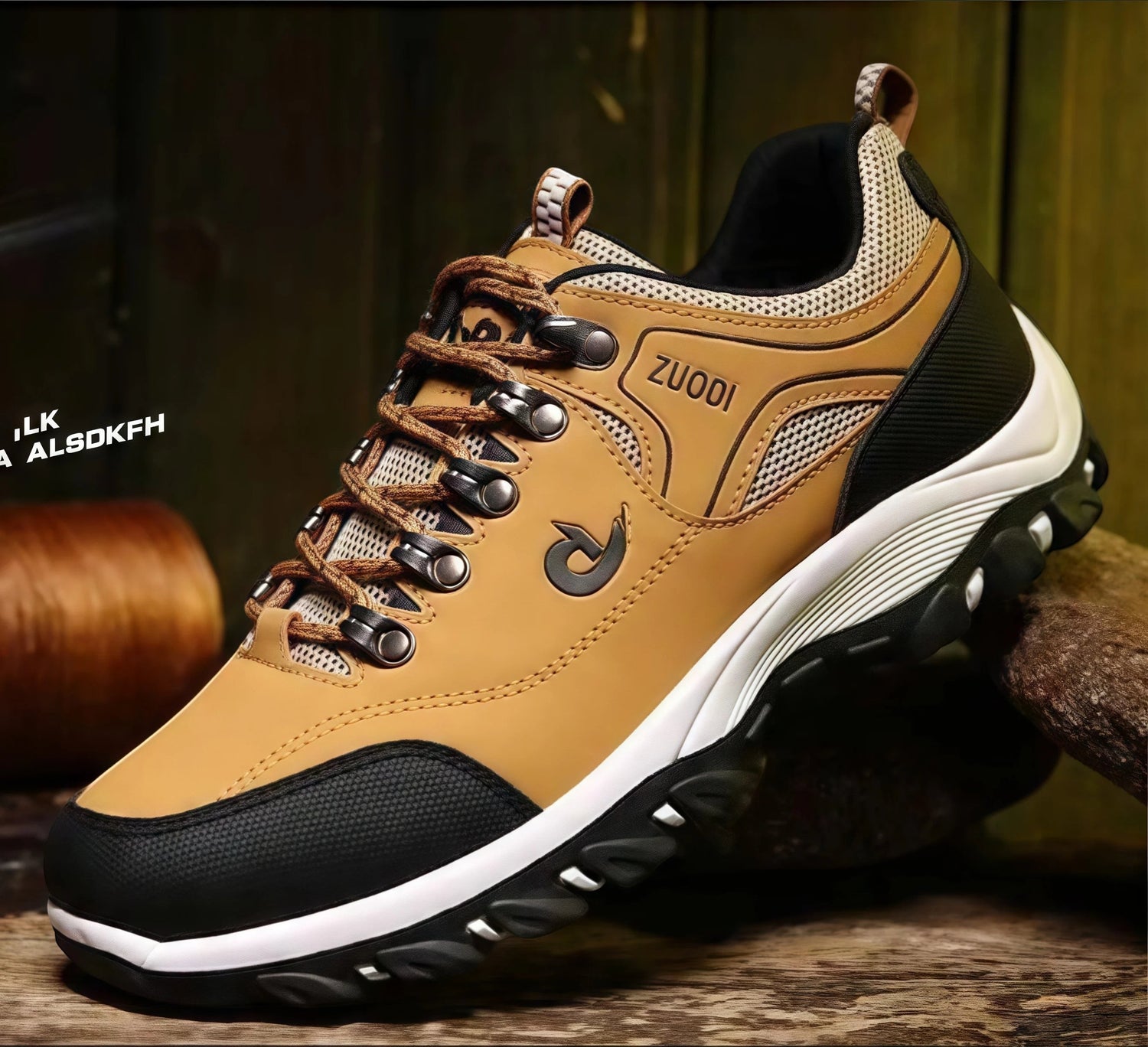 Chaussures de randonnée basses pour homme en beige présentées en ambiance outdoor. Ce modèle robuste est équipé d’une semelle crantée offrant une bonne accroche et un confort optimal.