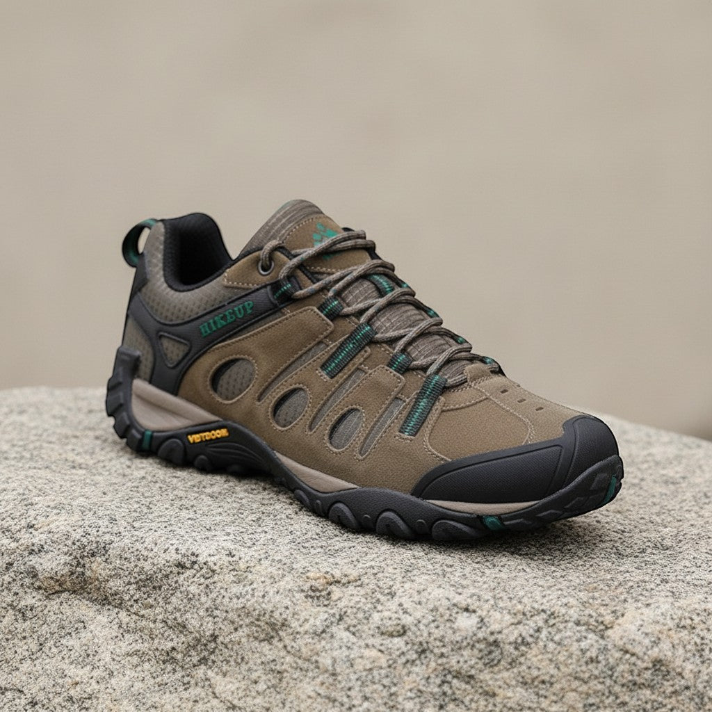 Chaussures de randonnée basses pour homme en gris avec détails verts, posées sur un rocher. Ce modèle dispose d’une semelle crantée offrant une bonne adhérence et une stabilité optimale sur terrain irrégulier.