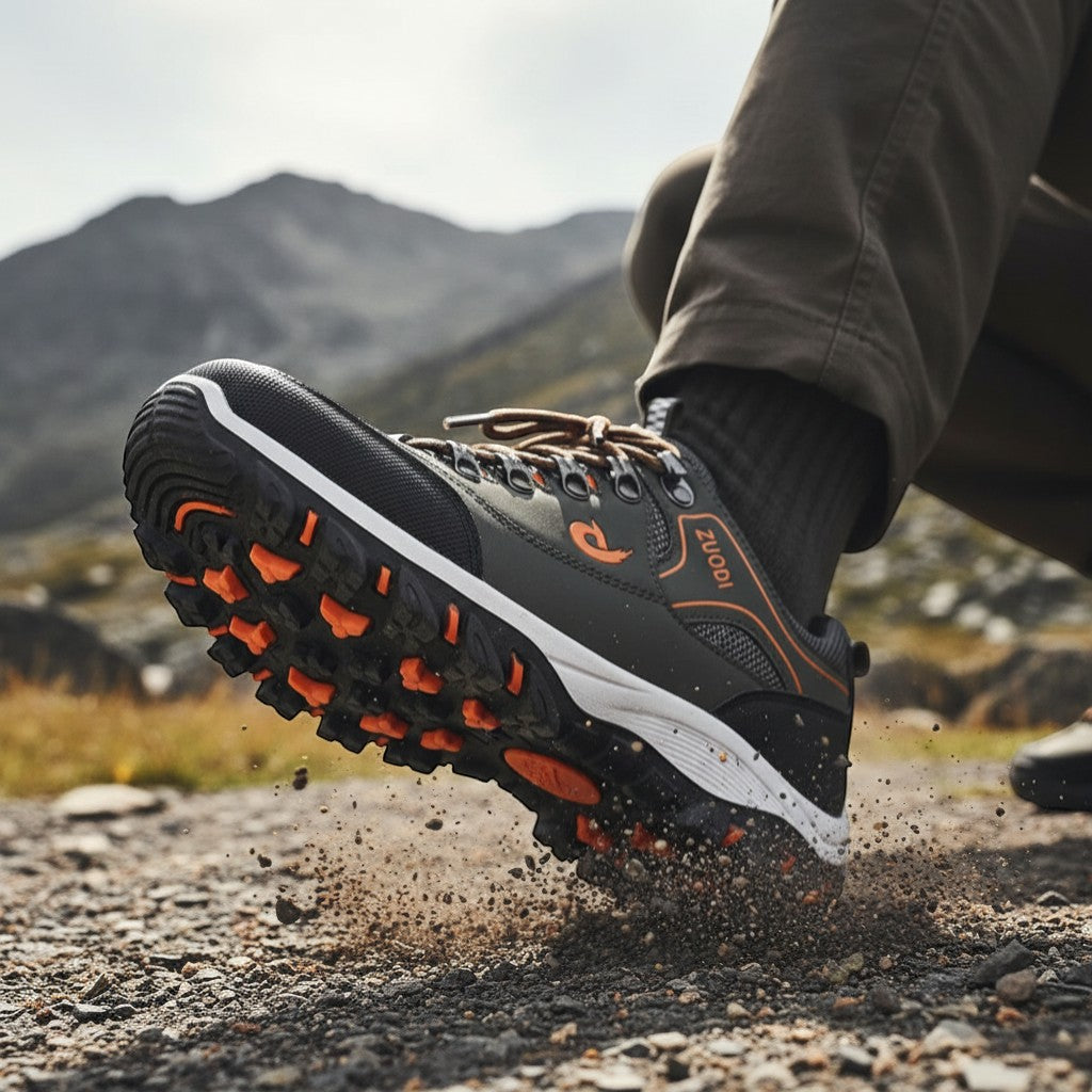 Chaussures de randonnée basses pour homme en noir en action sur un terrain sec et poussiéreux. Ce modèle offre une semelle crantée assurant une excellente adhérence et une bonne stabilité.
